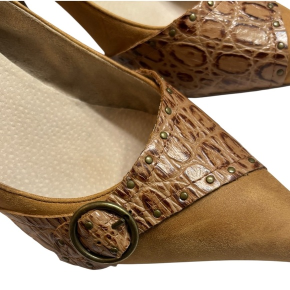 Seychelles Tan Suede Stiletto Heel Size 8.5 Croc Embossed Leather Accent Buckle - Picture 8 of 16
